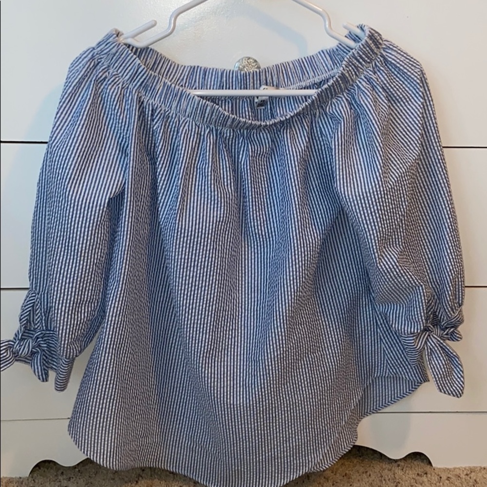 Off the shoulder blue and white top
